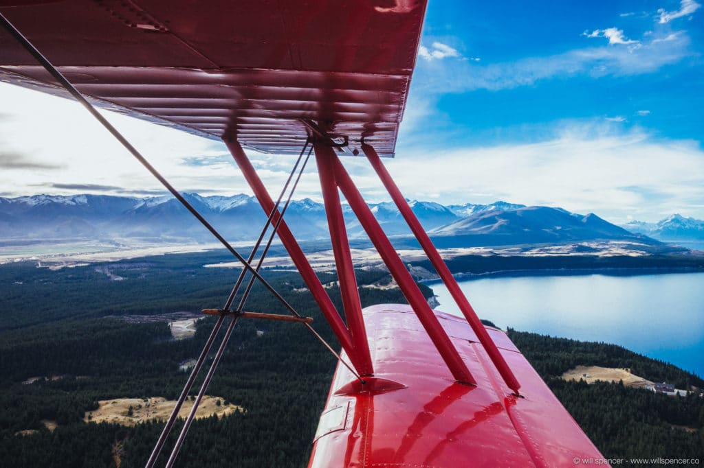 View from a biplane over Lake Pukaki, New Zealand. 